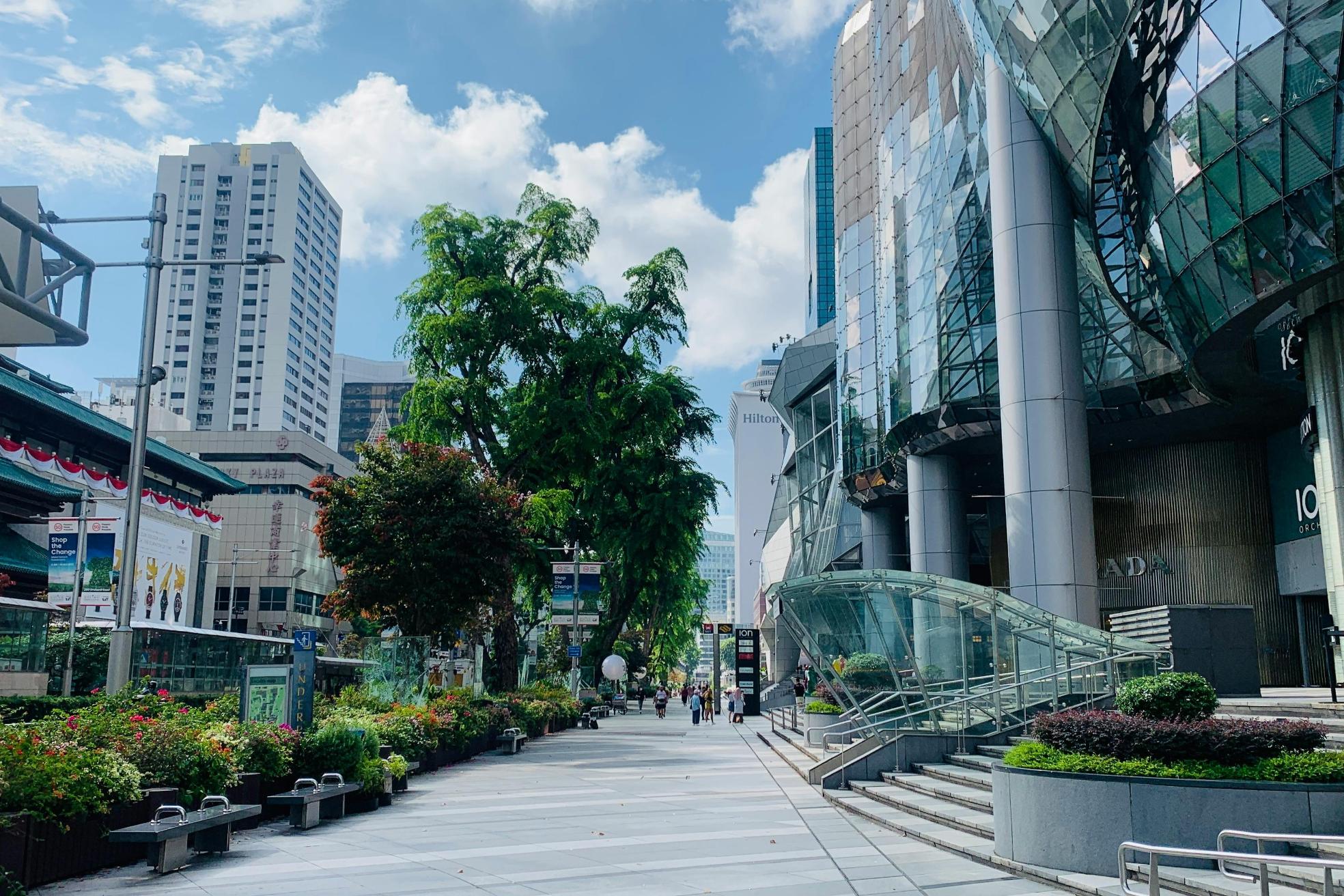 This vibrant urban scene captures a spacious pedestrian walkway lined with lush green trees and colorful flower beds. To the right, the distinctive, modern glass architecture of the ION Orchard shopping mall rises impressively against a bright blue sky with scattered clouds.