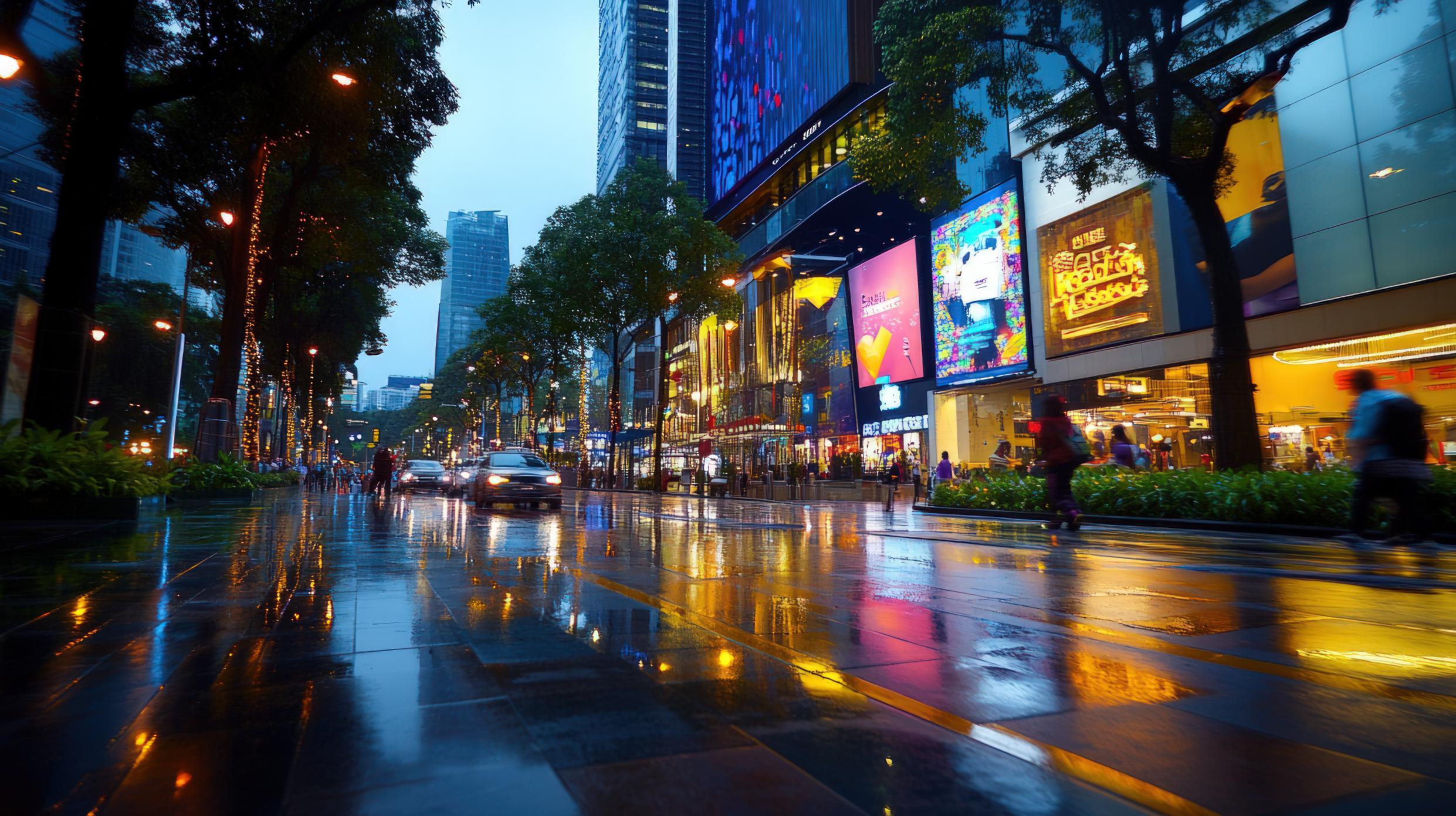A rainy urban street scene glows with the vibrant reflections of colorful billboards and streetlights glistening on the wet pavement. Pedestrians and vehicles move along the modern avenue, which is lined with tall buildings and trees wrapped in decorative lighting.
