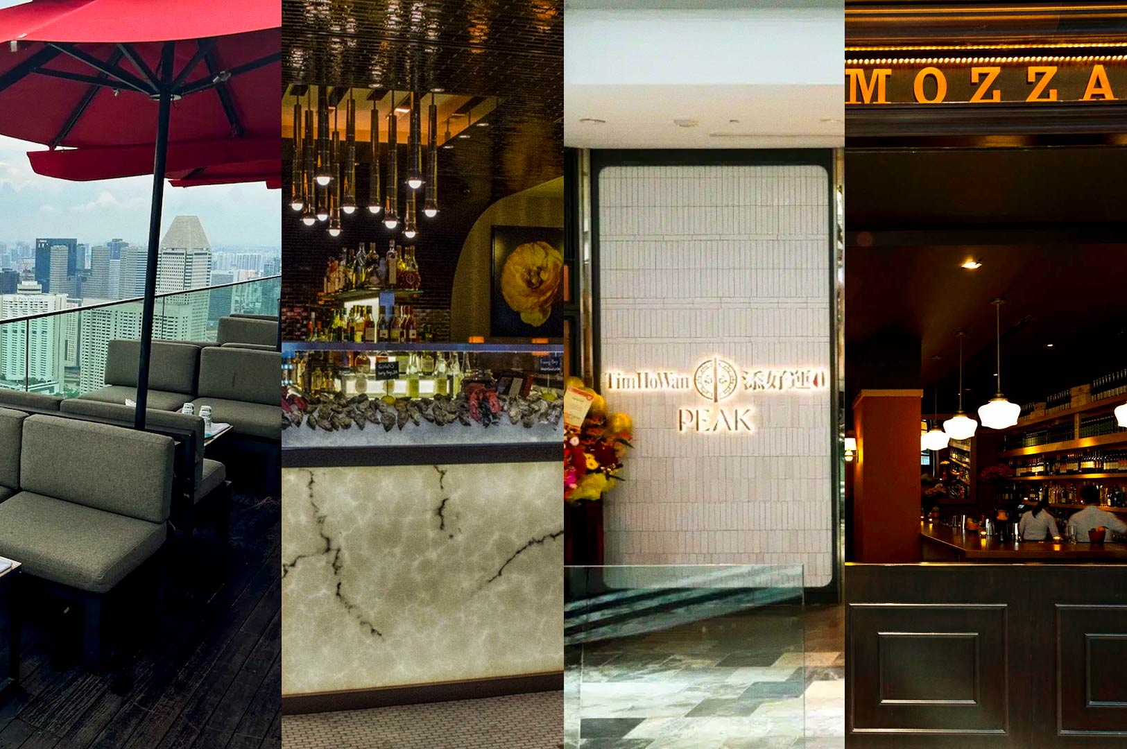 Collage of upscale dining venues and bar interiors.