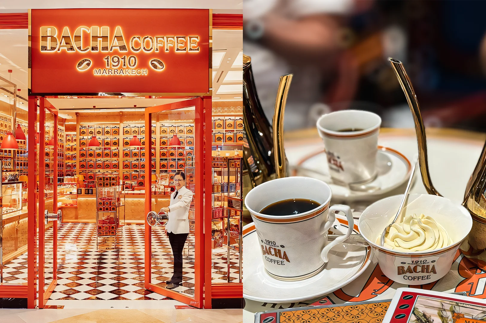 2-ION Orchard Cafes Left: Wide-angle eye-level shot of Bacha Coffee 1910 boutique with red-and-gold décor, patterned floors, luxury coffee displays, and staff inside a high-end mall. Right: Close-up eye-level shot of espresso cups and whipped cream served on branded saucers, emphasizing premium coffee presentation.