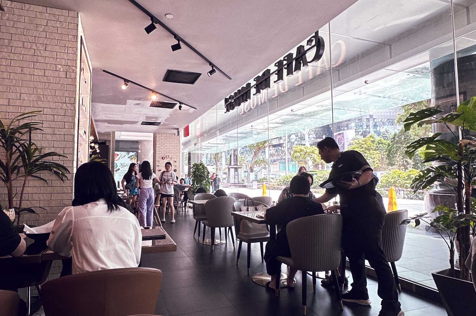Modern café interior with large glass windows and greenery.