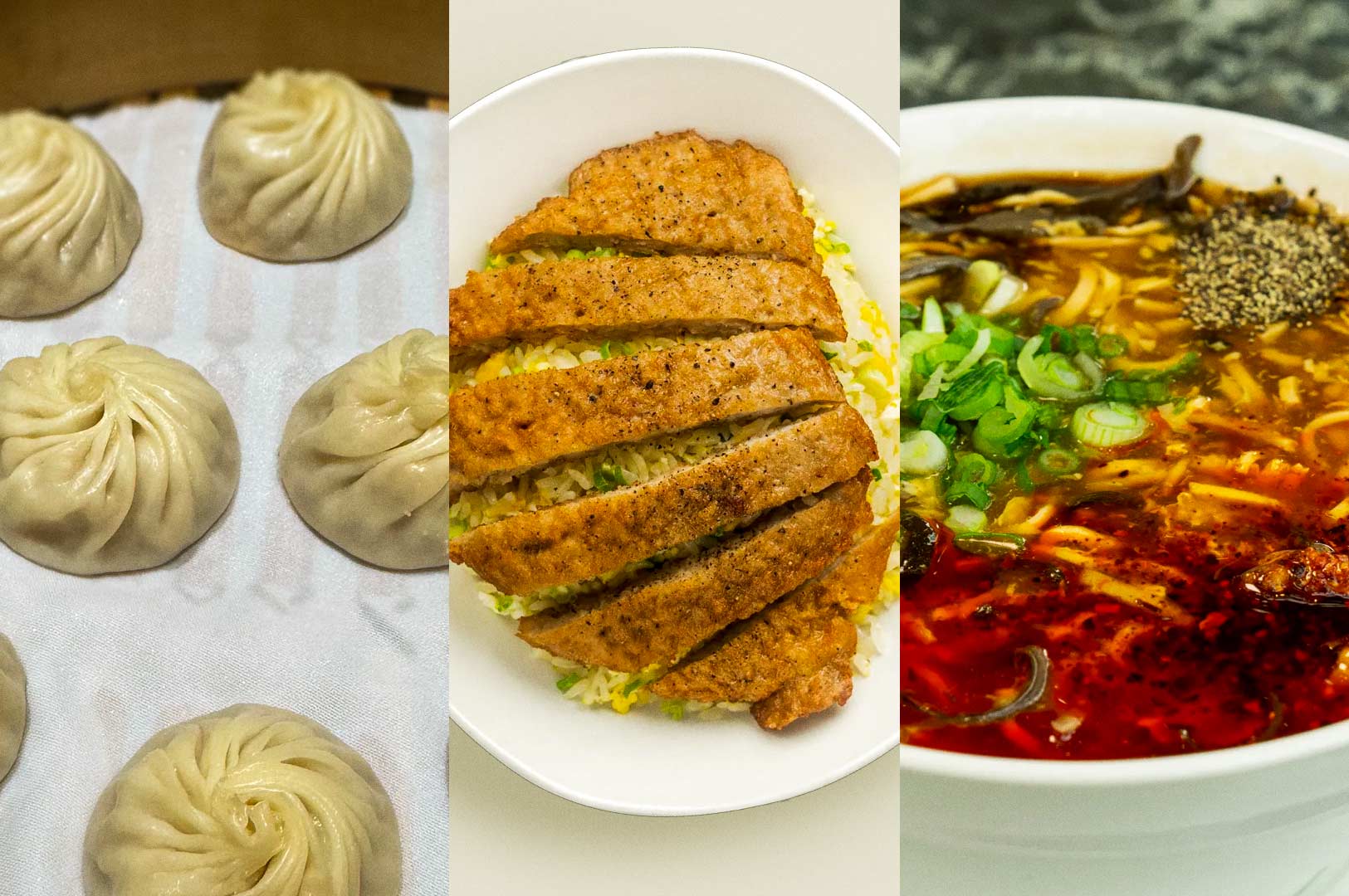 Collage images of Steamed Pork Xiao Long Bao, Pork Chop Fried Rice , and Hot & Sour Soup.