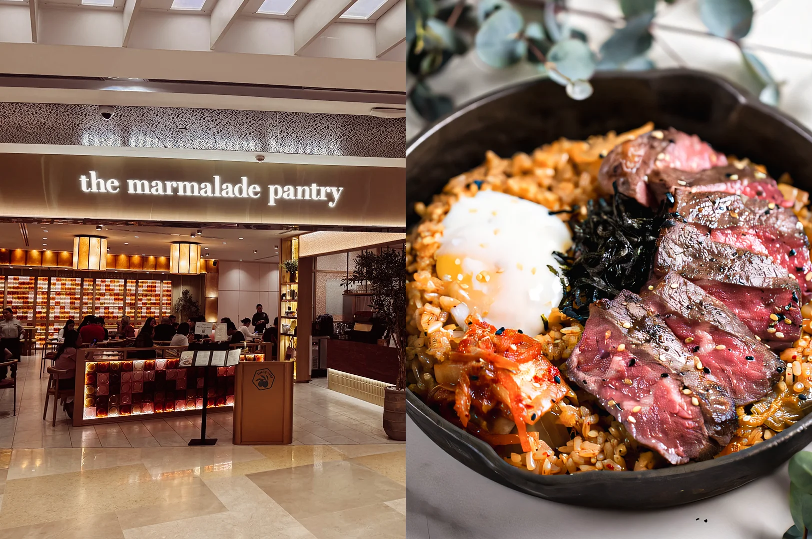 3-ION Orchard Cafes Left: Wide-angle eye-level shot of The Marmalade Pantry restaurant entrance in a shopping mall, showing warm lighting, menu displays, and contemporary café branding. Right: Close-up overhead shot of a sizzling rice bowl topped with sliced steak, egg, kimchi, and seaweed.