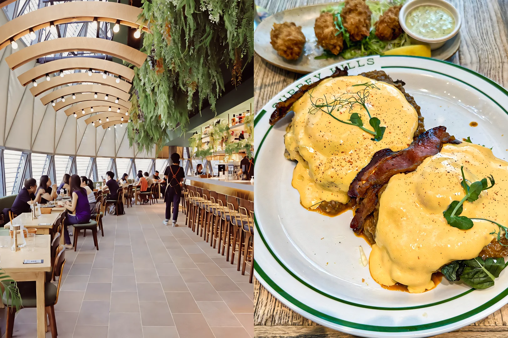 4-ION Orchard Cafes Left: Wide-angle eye-level shot of a spacious modern restaurant with high ceilings, hanging greenery, bar seating, and diners inside an upscale mall dining space. Right: Close-up overhead shot of a brunch plate with eggs Benedict, bacon, and sauce on a rustic wooden table.