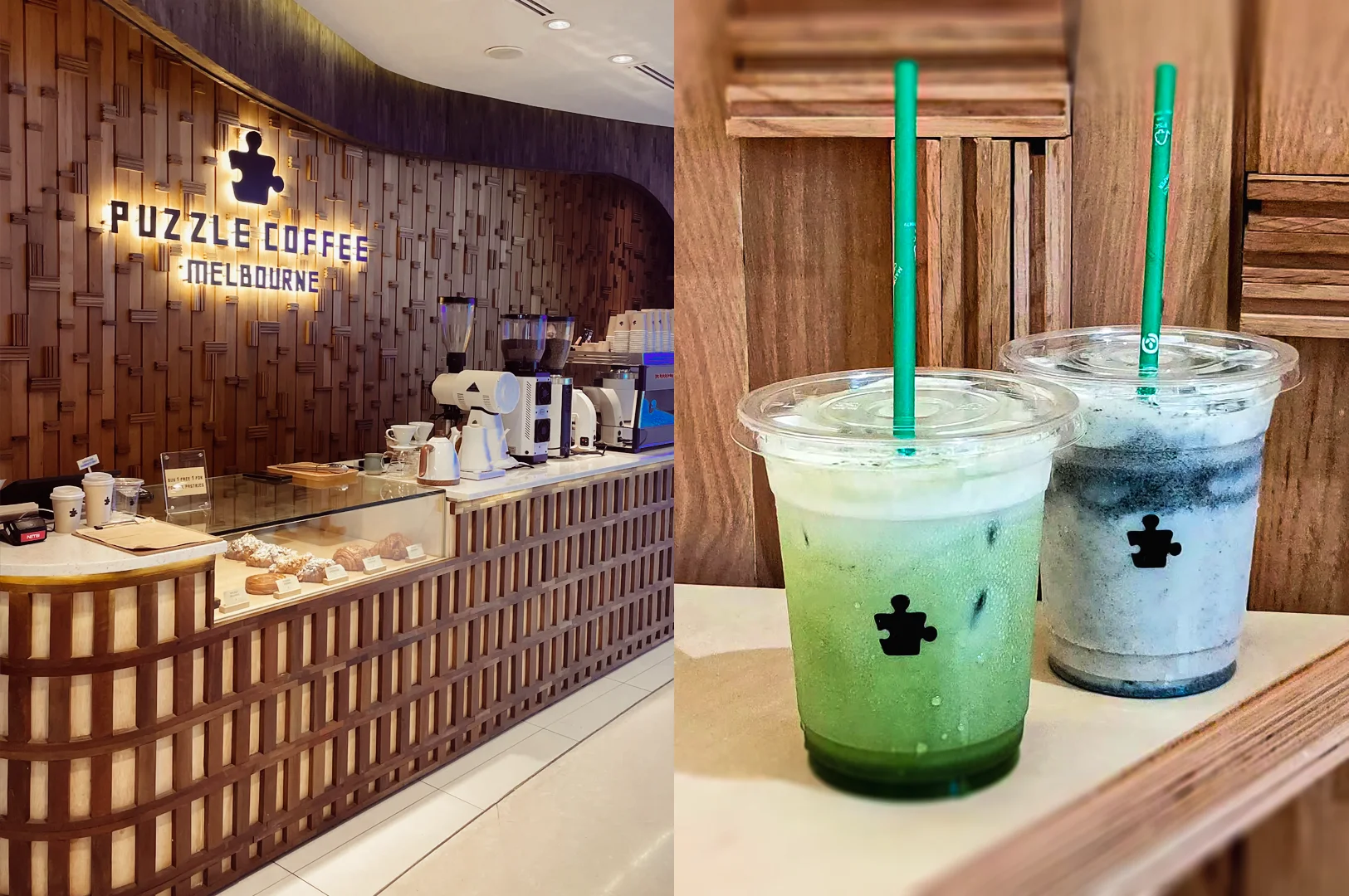 5-ION Orchard Cafes Left: Wide-angle eye-level shot of Puzzle Coffee Melbourne café interior featuring a wooden service counter, espresso machines, pastry display, and modern café design. Right: Eye-level close-up shot of two iced specialty drinks in clear cups with green straws on a wooden table.