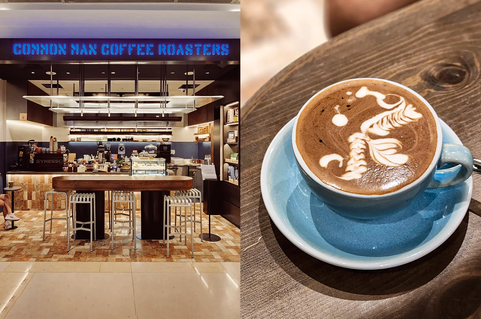 6-ION Orchard Cafes Left: Wide-angle eye-level shot of Common Man Coffee Roasters café storefront inside a modern shopping mall, featuring illuminated signage, a central wooden bar counter, espresso equipment, and contemporary seating. Right: Close-up overhead shot of a cappuccino with detailed latte art served in a blue cup on a wooden table, highlighting specialty coffee presentation.