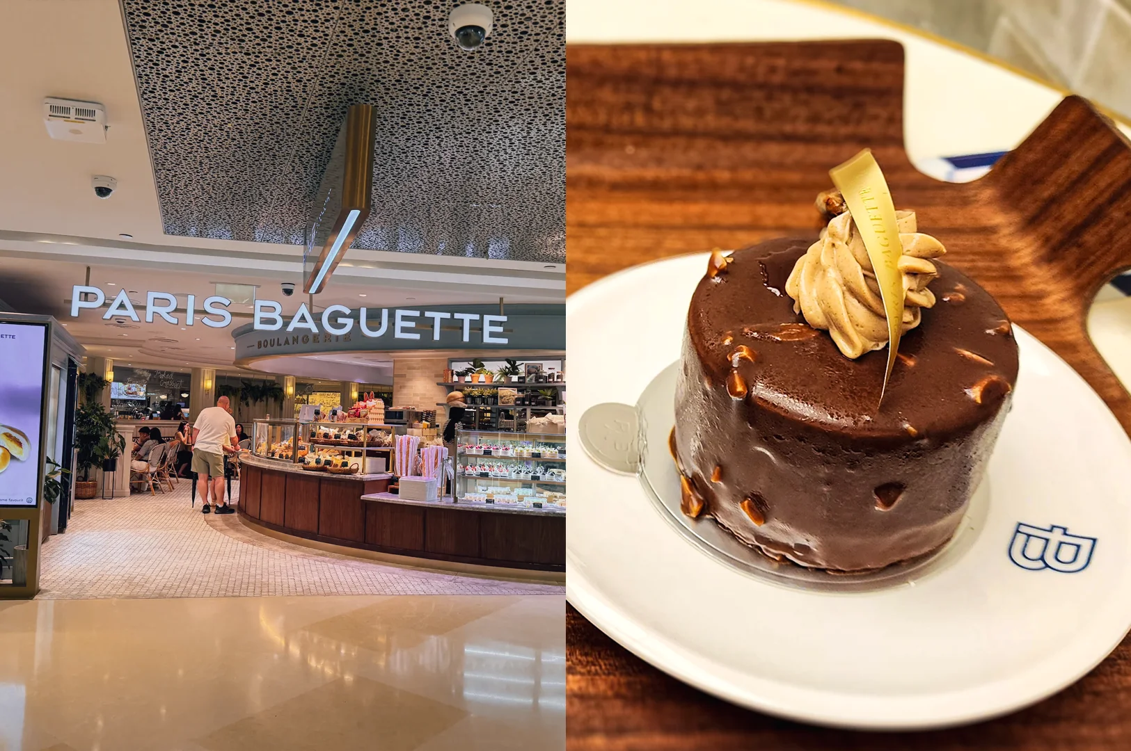 7-ION Orchard Cafes Left: Wide-angle eye-level shot of Paris Baguette café storefront inside a modern shopping mall with illuminated signage, pastry display counters, and customers. Right: Close-up overhead shot of a chocolate-glazed mini cake topped with cream on a white plate, highlighting artisanal dessert presentation.