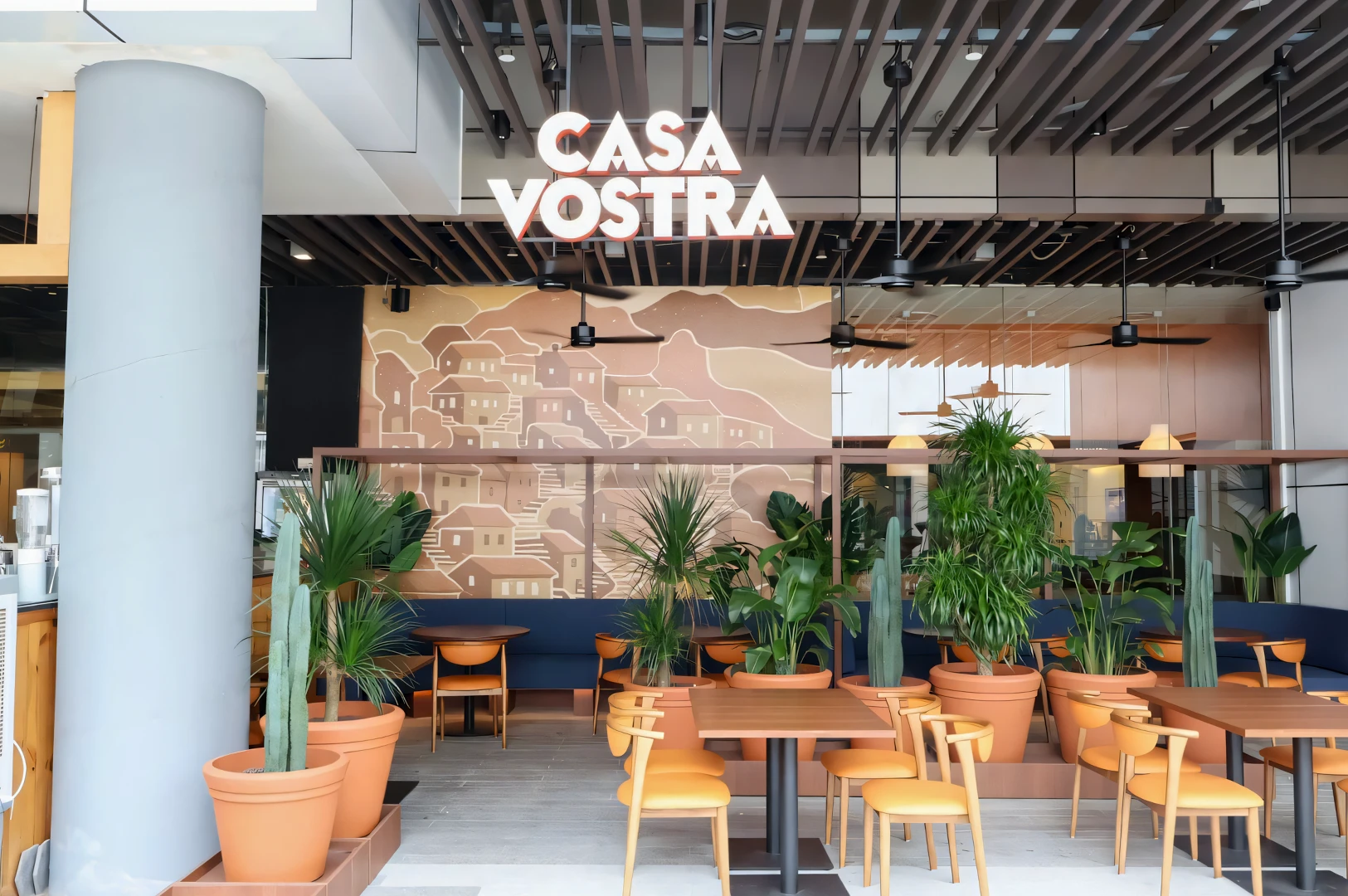 Wide-angle eye-level shot of Casa Vostra restaurant exterior with modern outdoor seating, potted plants, and warm interior lighting, showcasing a contemporary Italian dining space at JEM mall.