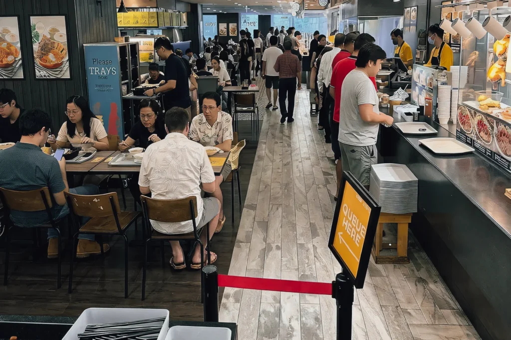 Eye-level wide-angle shot of a busy mall food court aisle with diners seated at tables on one side and customers lining up at food stalls on the other, showing an active indoor dining environment.