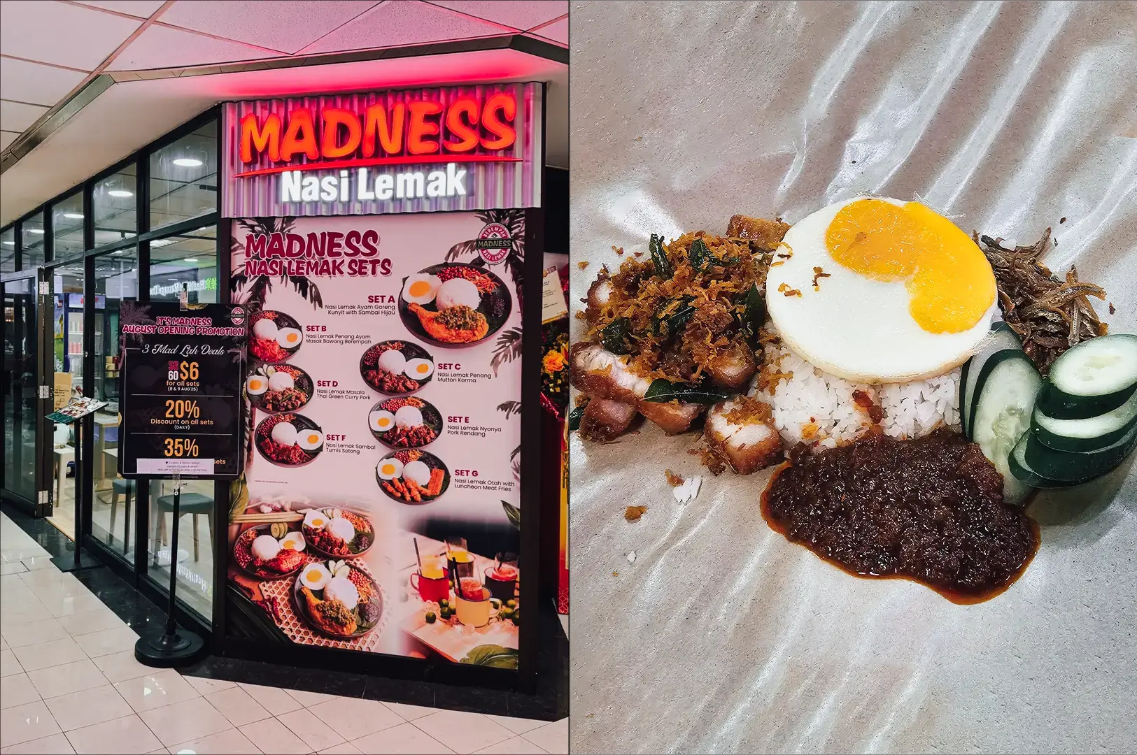 Split image of a casual city eatery, left showing an eye-level wide shot of the Madness Nasi Lemak storefront with bold red signage, menu boards, and a mall corridor setting, and right featuring an eye-level close-up of a nasi lemak plate with coconut rice, fried egg, sambal, cucumber, anchovies, and crispy pork belly.