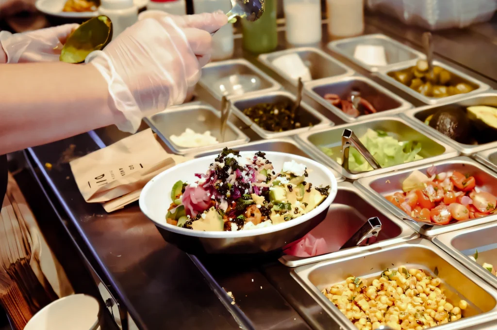 2 How We Found the Best Mall for Foodies Close-up, slightly elevated view of a customizable salad bowl being assembled at a food bar, with gloved hands adding toppings from stainless steel ingredient trays, highlighting made-to-order healthy dining options.
