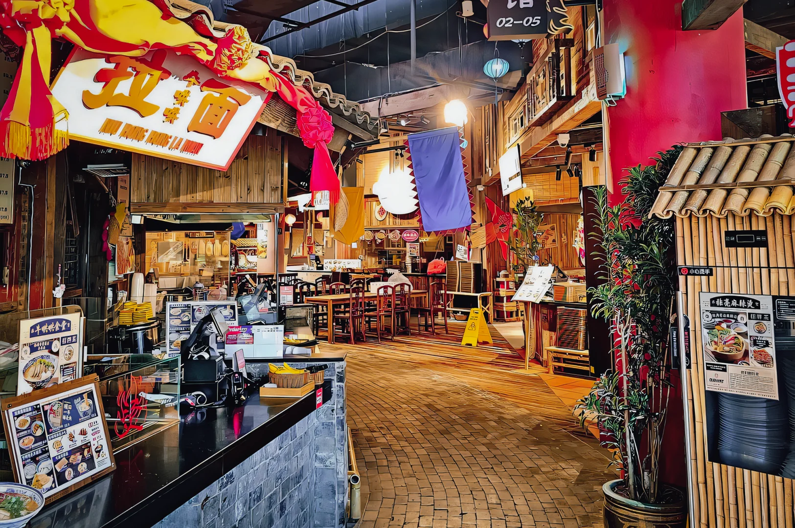 Wide-angle perspective of an Asian-themed indoor food street inside a mall, featuring traditional shopfronts, hanging banners, wooden textures, illuminated signs, and a brick-style walkway evoking a night market vibe.