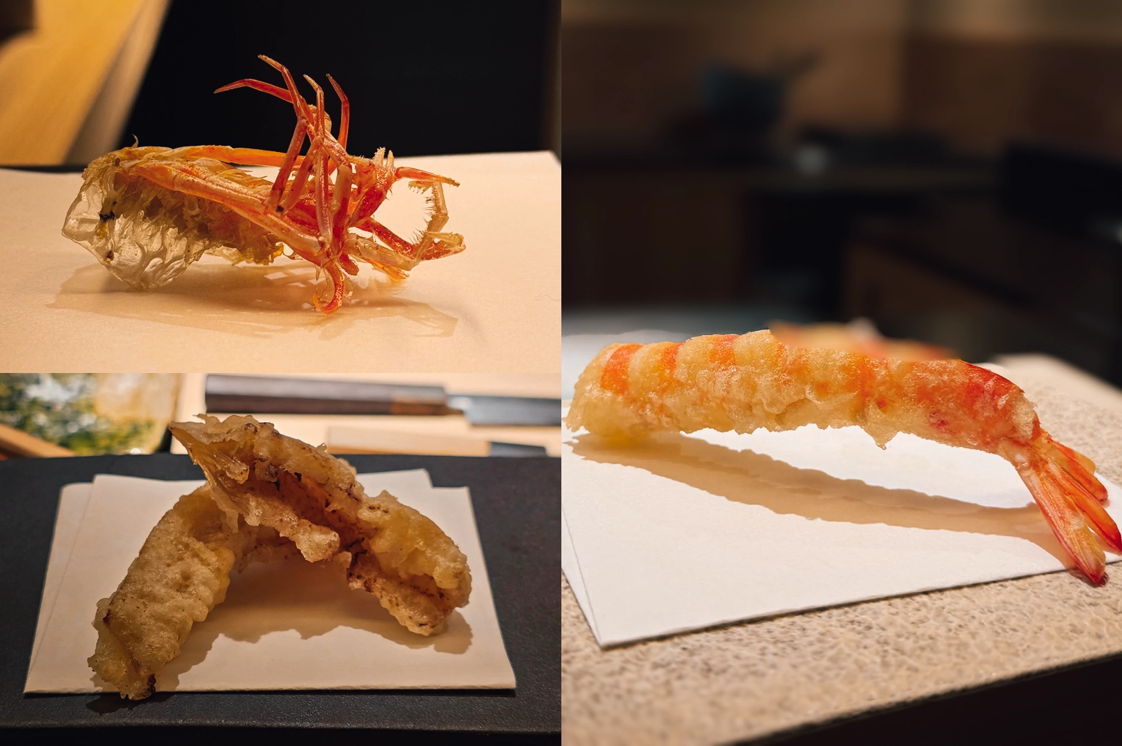 3 Tenshima Millenia Walk Close-up, eye-level shot of assorted tempura at Tenshima, including prawn tempura with crisp batter, served individually in a refined omakase presentation.