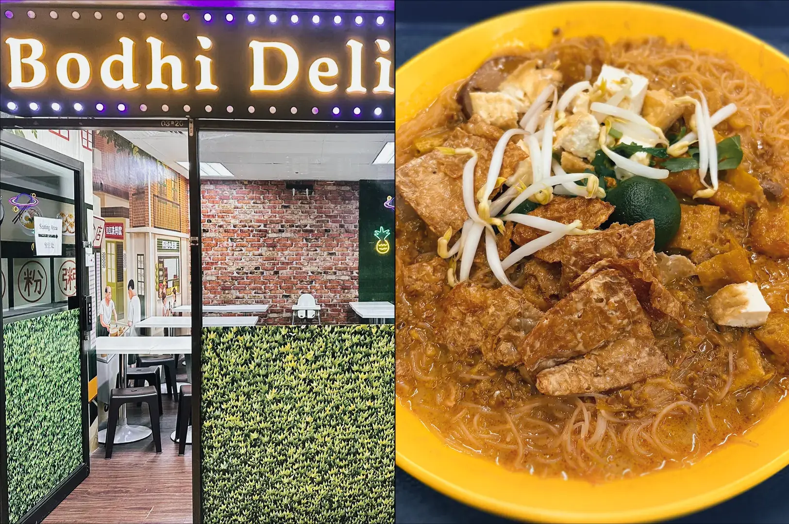 Left: Eye-level exterior shot of Bodhi Deli at Fortune Centre, showing a brightly lit storefront sign reading ‘Bodhi Deli,’ glass windows with visible seating inside, green decorative wall panels, and a casual budget eatery setting. Right: Close-up, top-down shot of a vegetarian noodle dish in a yellow bowl, featuring rice vermicelli in a thick orange gravy with beancurd pieces, mock meat slices, bean sprouts, leafy greens, and a red soup spoon resting on the rim.