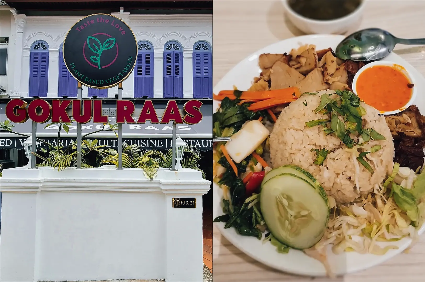 Left: Eye-level, medium-wide shot of the Gokul Raas vegetarian restaurant exterior at Fortune Centre, showing a large round ‘Taste the Love Plant-Based Vegetarian’ sign above bold red ‘Gokul Raas’ lettering, set against a white heritage-style facade with purple shuttered windows and potted greenery in daylight. Right: Close-up, top-down food shot of an Indian-style vegetarian rice plate with a mound of seasoned rice, sliced mock meat, mixed vegetables, fresh herbs, cucumber slices, and a small bowl of orange curry sauce on a white plate under soft indoor lighting.