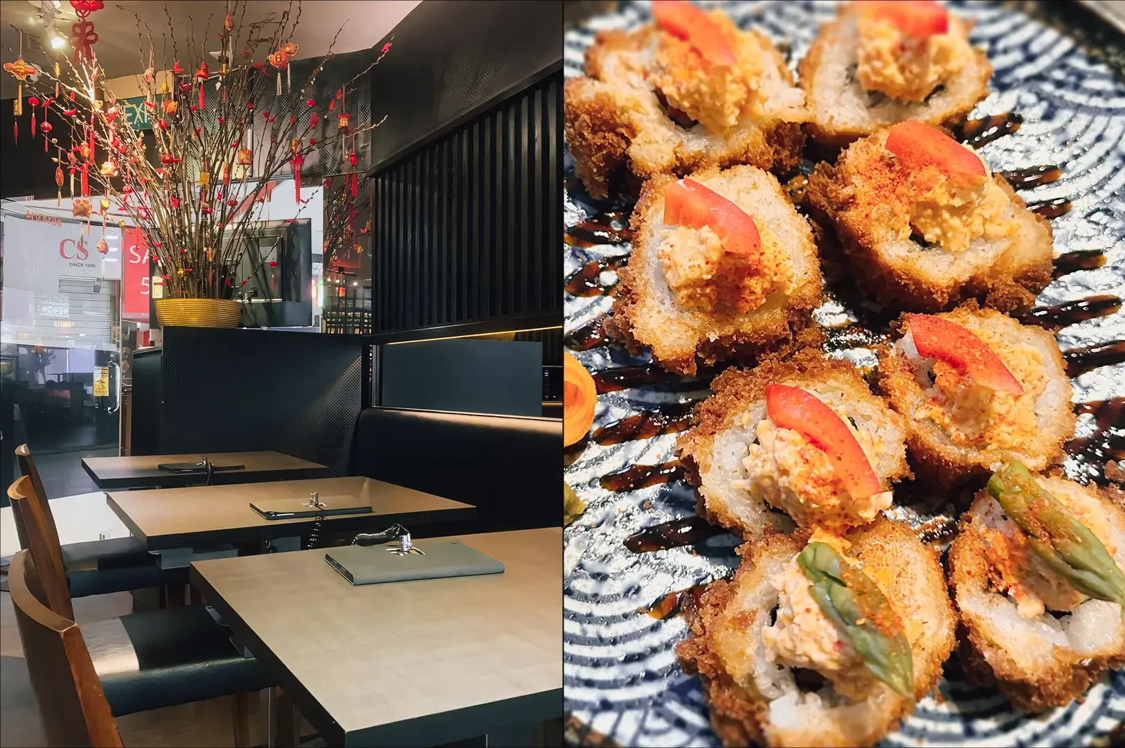 Left: Eye-level interior wide shot of a Japanese-style vegetarian restaurant dining area at Fortune Centre, featuring light wood tables, black booth seating, hanging branches with red decorative ornaments, dark wall panels, and warm ambient lighting. Right: Close-up, top-down shot of crispy vegetarian katsu-style sushi rolls arranged on a patterned plate, topped with orange sauce and garnishes, with visible crunchy crumbs and drizzled dark sauce under bright food lighting.”