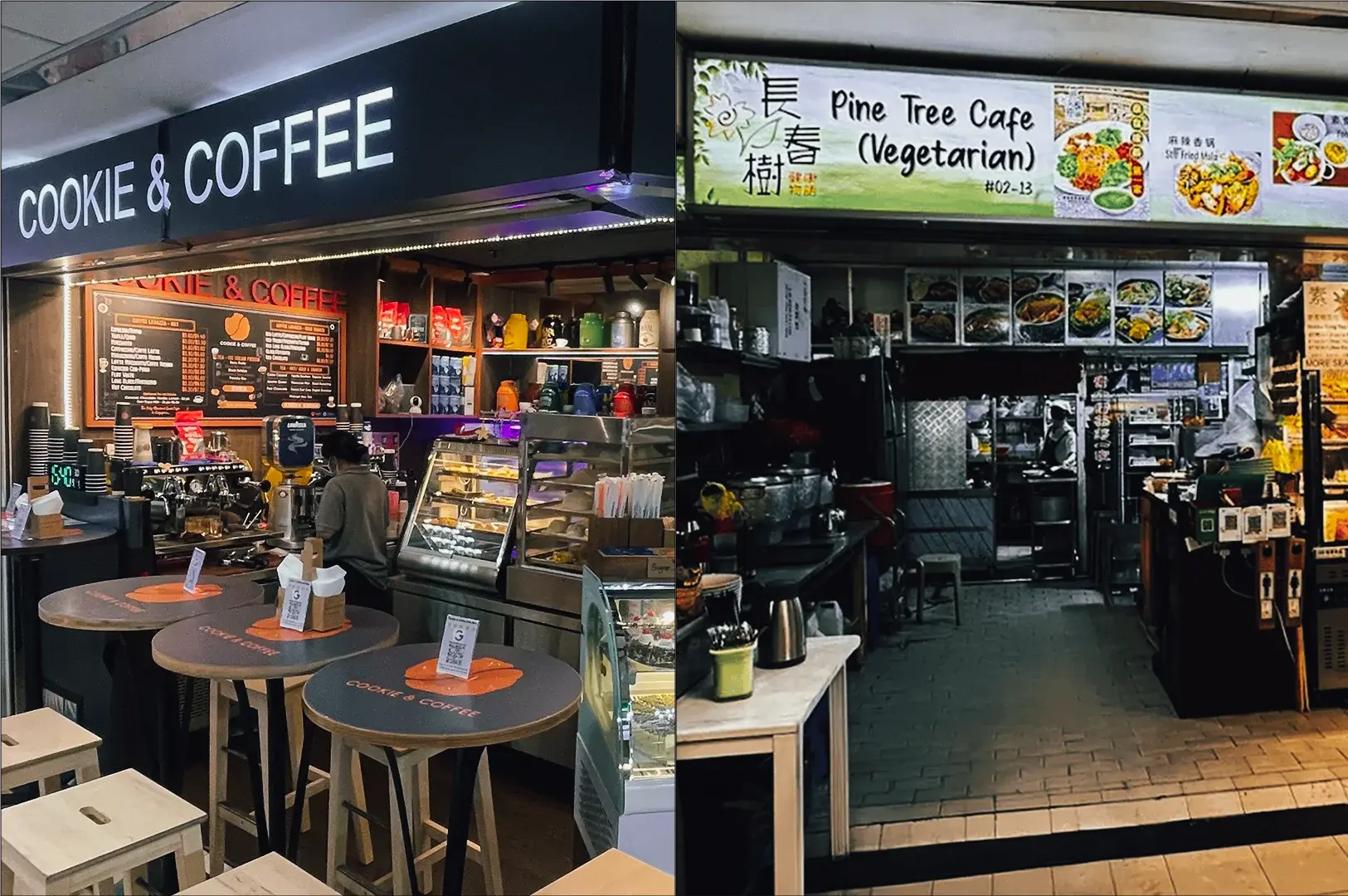 Split image highlighting casual city eateries, left showing an eye-level wide shot of Cookie & Coffee café with illuminated signage, coffee counter, and seating, and right featuring an eye-level wide shot of Pine Tree Café with open kitchen, menu boards, and vegetarian food offerings.