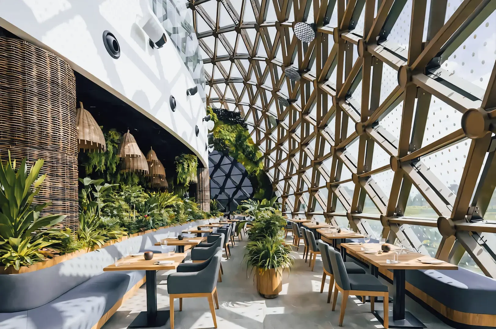 Sunlit biophilic restaurant interior with indoor plants, wooden tables, and a sculptural glass lattice wall, photographed from a wide‑angle eye‑level perspective emphasizing sustainable design and modern dining ambiance.