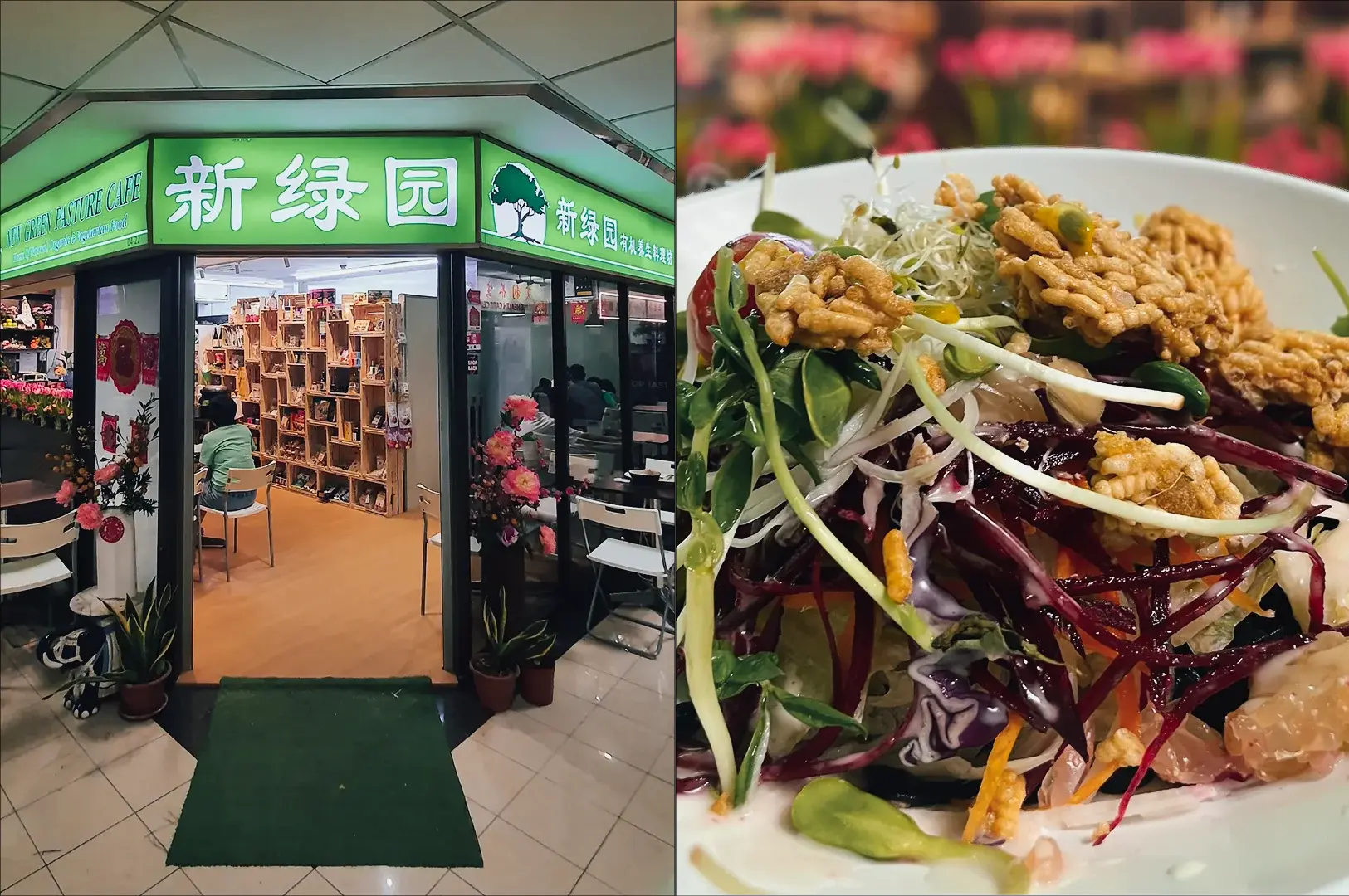 Split image of a city dining spot, left showing an eye-level wide shot of Xin Lu Yuan vegetarian restaurant with green signage and a cozy interior, and right featuring an eye-level close-up of a colorful vegetarian salad topped with crispy soy crisps, mixed greens, and shredded vegetables.