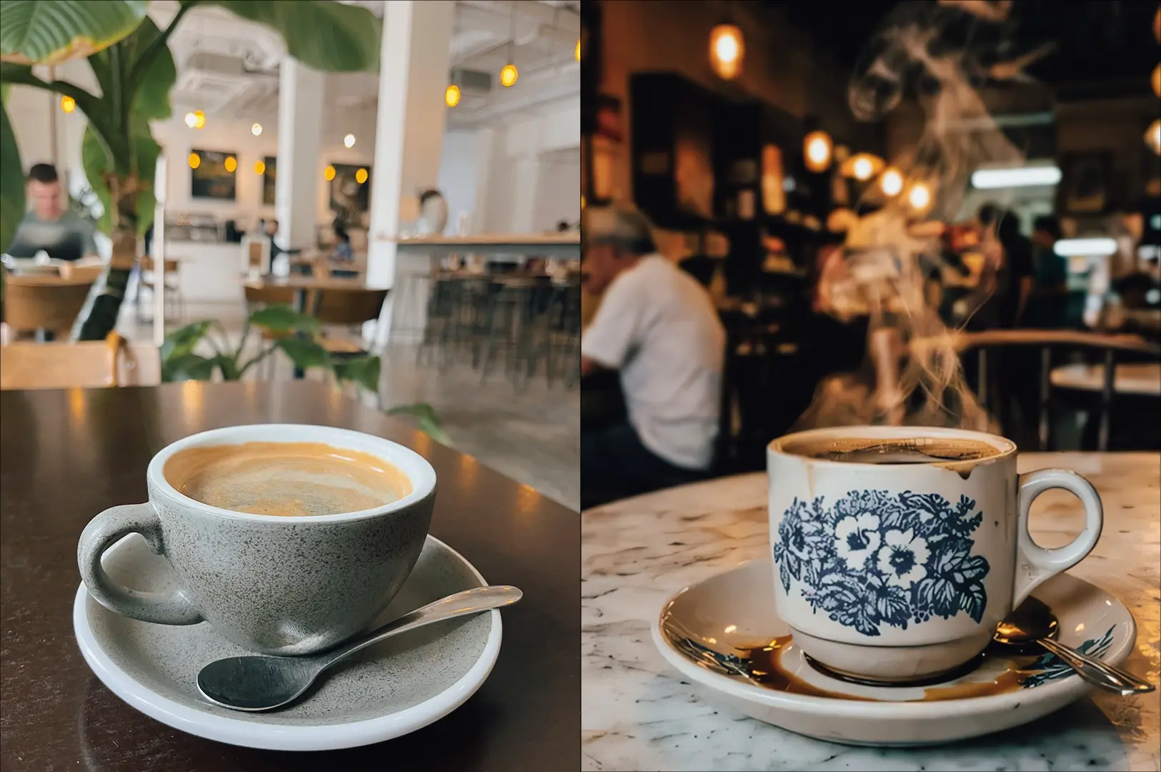 Left: Eye-level, close-up shot of a ceramic latte cup on a matching saucer with a metal spoon, placed on a dark tabletop inside a modern café; the softly blurred background shows pendant lights, indoor plants, and minimal seating under natural daylight, with smooth glazed textures and a light foam layer visible on the drink. Right: Eye-level, close-up shot of a patterned ceramic coffee cup on a saucer set on a marble tabletop, with steam rising from the hot drink and warm ambient lighting in a busier café interior, showing darker coffee color, visible condensation, and a more utilitarian presentation associated with traditional Singapore kopi.
