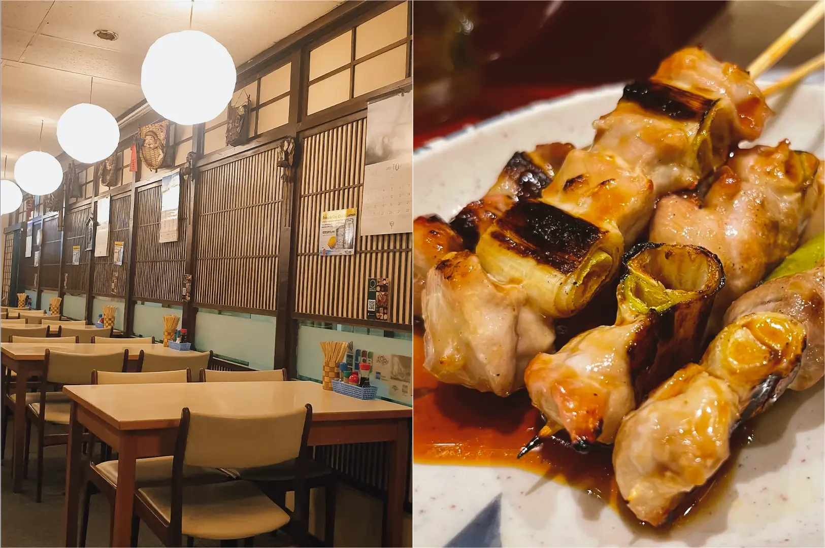 Left: Wide-angle, eye-level interior shot of a Japanese restaurant dining area with wooden tables, cushioned chairs, and warm overhead globe lights, featuring traditional wooden lattice panels, wall posters, and a narrow layout that creates an intimate, casual Japanese dining atmosphere inside Cuppage Plaza. Right: Close-up, eye-level food shot of grilled yakitori skewers arranged on a ceramic plate, showing glossy, caramelized meat and charred scallion segments coated in sauce, with highlights reflecting off the surface to emphasize texture and doneness.