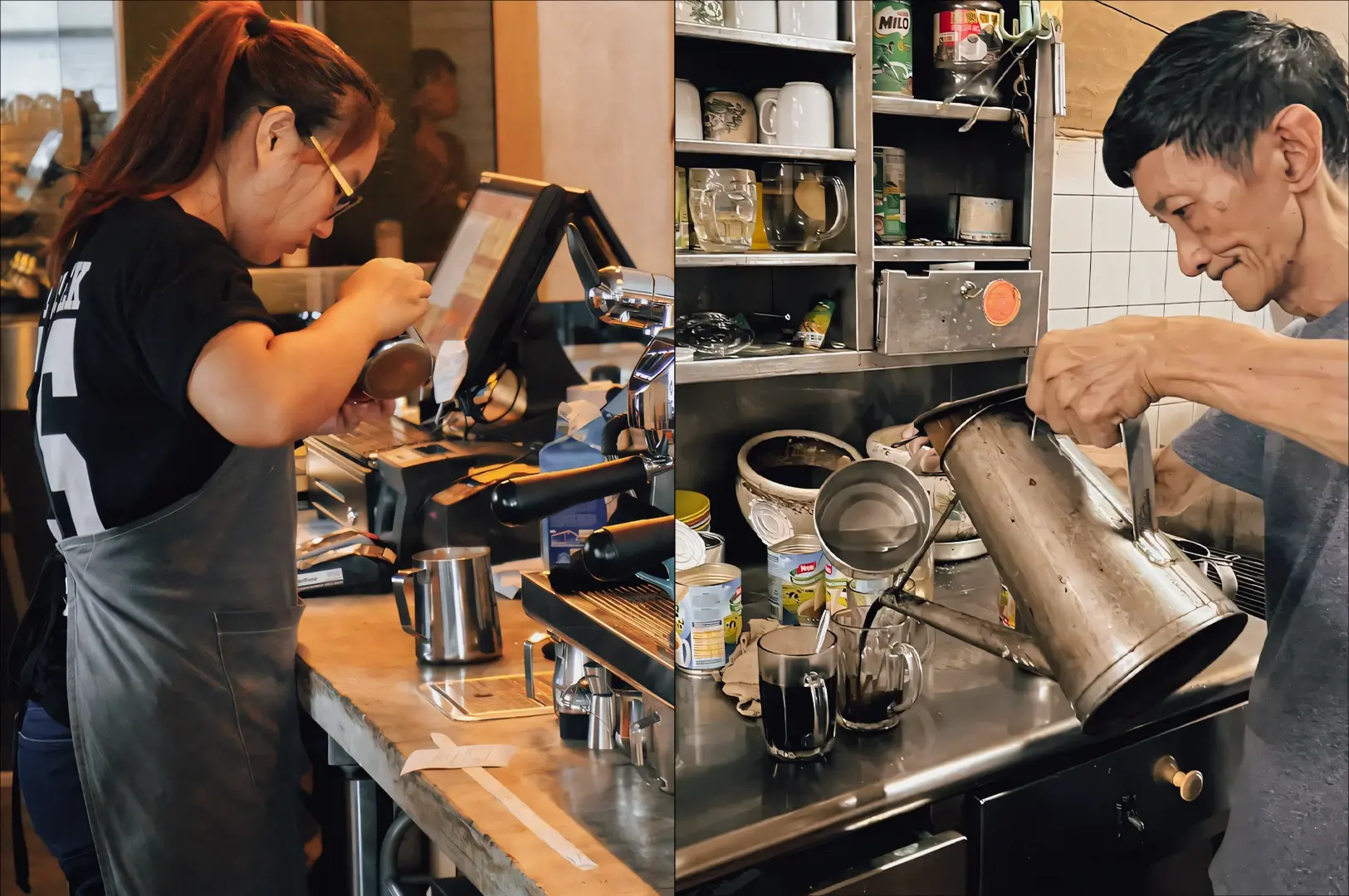 Left: Eye-level, medium shot of a coffee preparation counter where a barista focuses on pouring liquid from a metal pitcher near an espresso machine, surrounded by stainless steel surfaces, a digital point-of-sale screen, and brewing tools under warm indoor lighting. Right: Eye-level, medium close-up shot of another coffee preparation area where a person pours coffee from a large metal kettle into glass mugs on a stainless steel countertop, with shelves of cups, tins, and utensils in the background, showing a utilitarian kopitiam-style workspace.