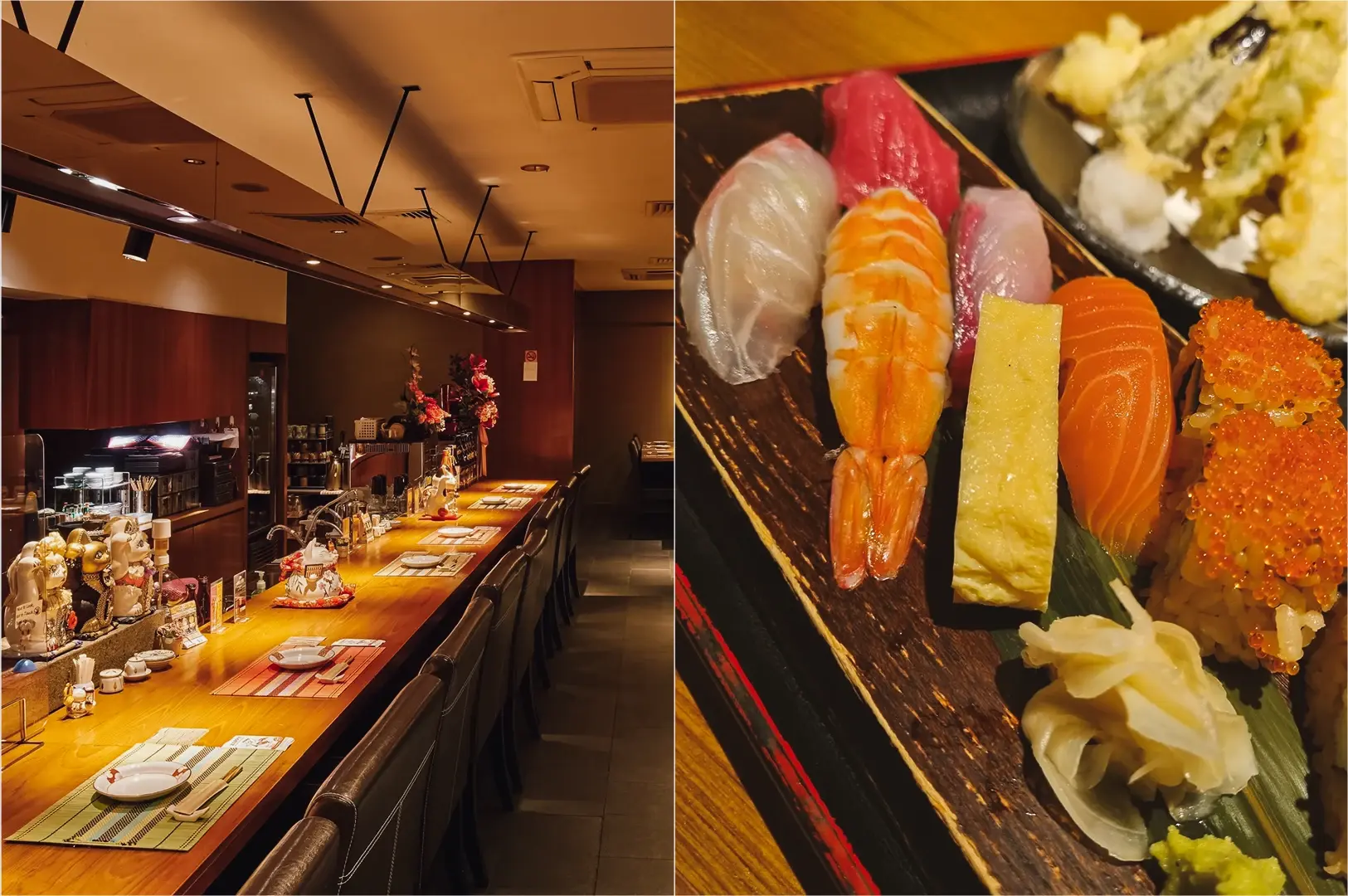 Left: Wide-angle, eye-level interior shot of an upscale Japanese counter-seating restaurant in Cuppage Plaza, displaying a long illuminated wooden counter with high-backed chairs, decorative figurines, neatly arranged tableware, and warm lighting that creates a refined yet intimate dining ambiance. Right: Close-up, top-down shot of an assorted sushi platter on a dark rectangular plate, showing neatly arranged nigiri with shrimp, salmon, tuna, tamago, and salmon roe, accompanied by pickled ginger and wasabi, with clear emphasis on color contrast, rice texture, and fish sheen.