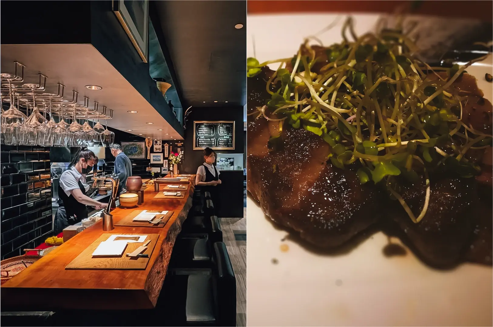 Left: Wide-angle, eye-level shot of a Japanese restaurant counter inside Cuppage Plaza, featuring a long wooden counter with place settings, hanging glassware overhead, open shelving, and staff working behind the bar under soft, ambient lighting that highlights wood grain and dark tiled walls. Right: Close-up, top-down angled shot of a plated Japanese dish topped with dark, glossy sauce and a mound of fresh green sprouts, showcasing smooth surfaces, reflective glaze, and delicate garnish textures against a white plate.