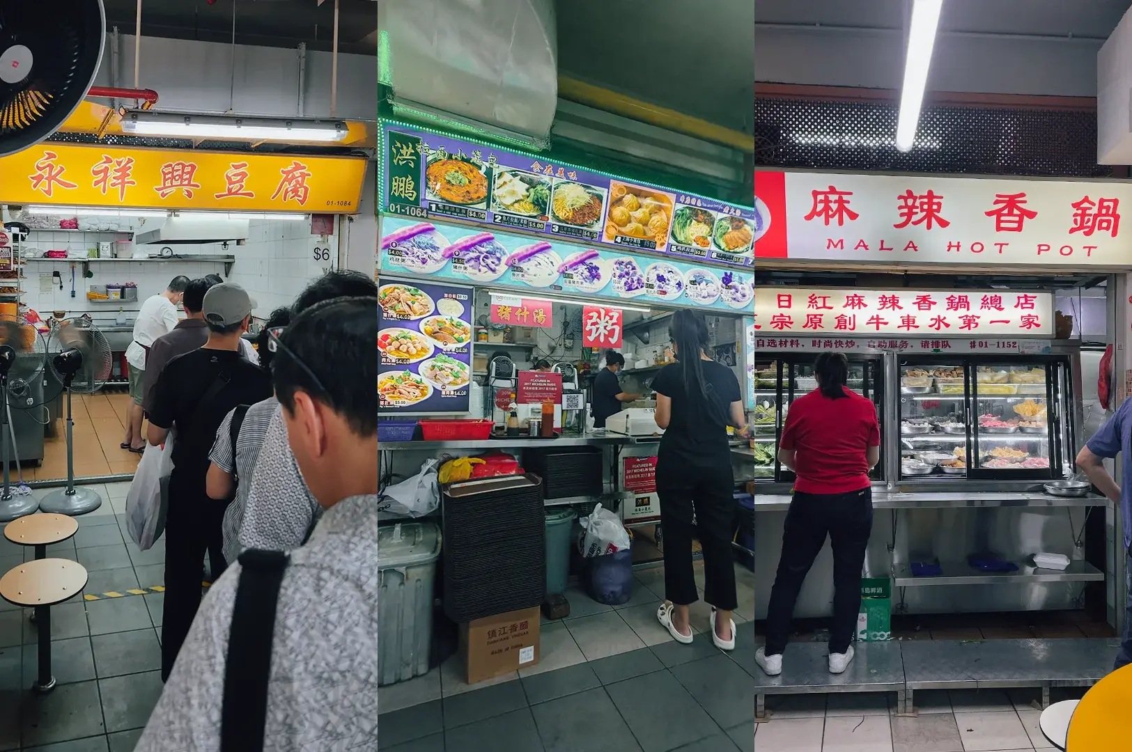 Left: Eye-level view of a hawker stall with a yellow signboard, a queue of customers, and a stainless steel kitchen under fluorescent lighting; Center: Eye-level shot of a food stall with a photo menu board, a staff member behind the counter, and a customer ordering amid tiled walls and stacked trays; Right: Eye-level view of a ‘MALA HOT POT’ stall with a red and white sign, a glass display of ingredients, and a customer standing at the counter under bright overhead lights.
