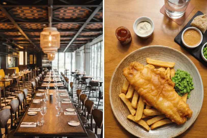A split photo displaying a long, set dining table in a restaurant with a checkered floor and woven pendant lights on the left, next to a classic plate of golden fish and chips with mushy peas on the right.
