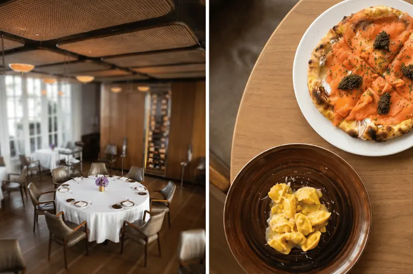 A split image showing a bright, elegant dining room with round tables and white tablecloths on the left, and a top-down view of a smoked salmon pizza alongside a bowl of pasta on the right.