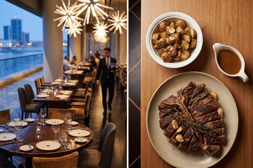 A side-by-side view featuring an upscale restaurant interior with starburst chandeliers and a waiter holding a tray on the left, paired with a close-up of a sliced T-bone steak, roasted potatoes, and a gravy boat on the right.
