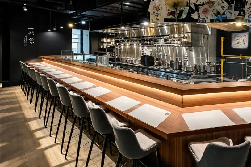 The modern, empty dining room of Kai Yakitori, featuring a long, angled wooden counter with gray stools facing a gleaming stainless steel open kitchen.