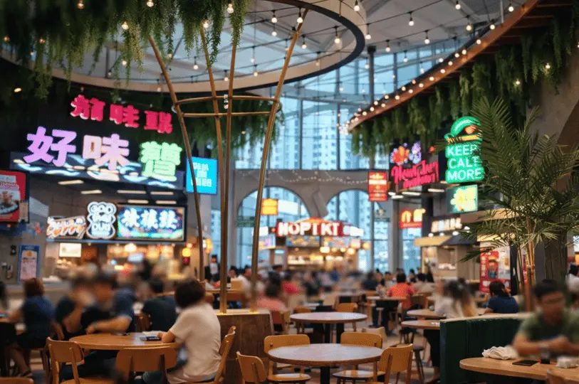 A bustling, brightly lit food hall at Jurong Point featuring vibrant neon signs, hanging greenery, and spacious seating where families and groups are enjoying their meals.