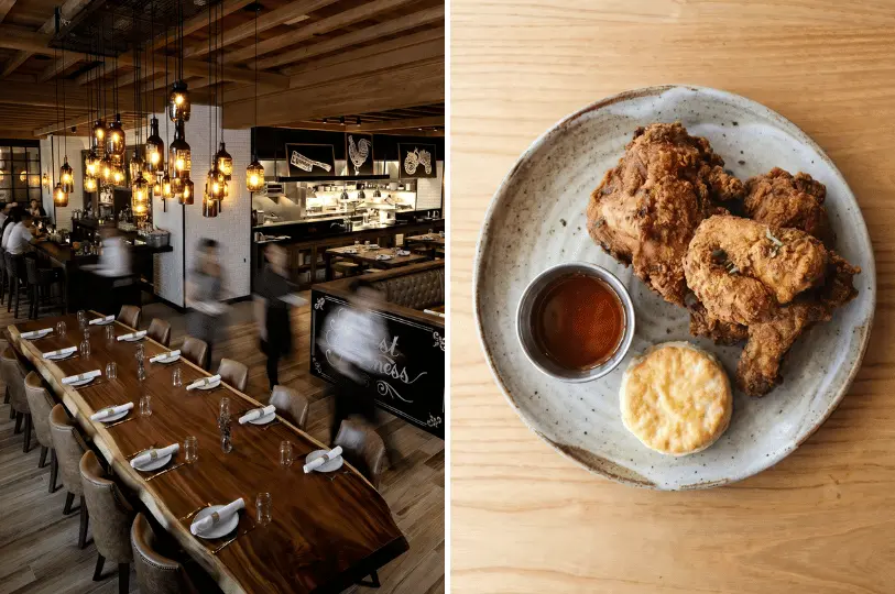 A side-by-side view of a rustic dining room featuring a long live-edge wooden table and warm Edison bulb lighting on the left, paired with a plate of crispy fried chicken, a biscuit, and dipping sauce on the right.