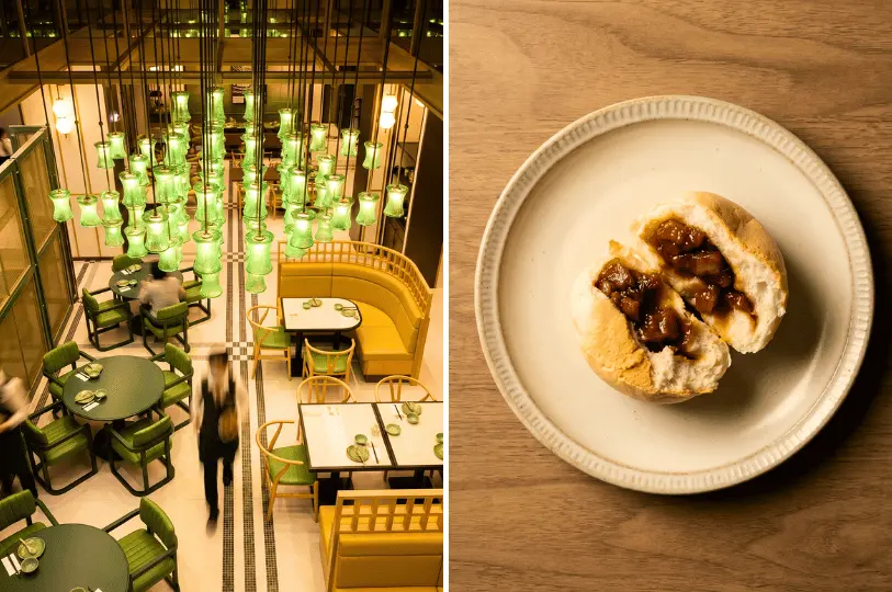 A split image showing a vibrant restaurant interior illuminated by hanging green glass pendant lights over yellow booths on the left, alongside a close-up of a split steamed bun filled with savory braised pork on the right.