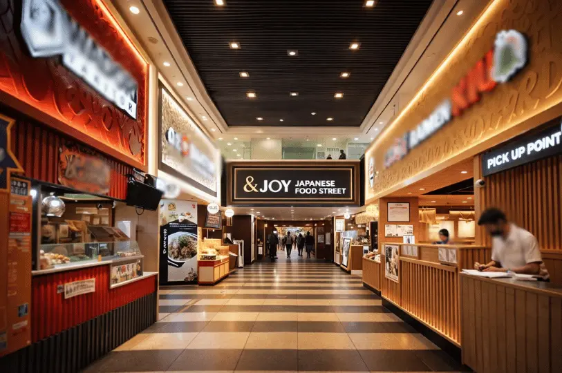 The entrance to the & JOY Japanese Food Street at Jurong Point, showcasing wide, stroller-friendly walkways and warmly lit restaurant storefronts.