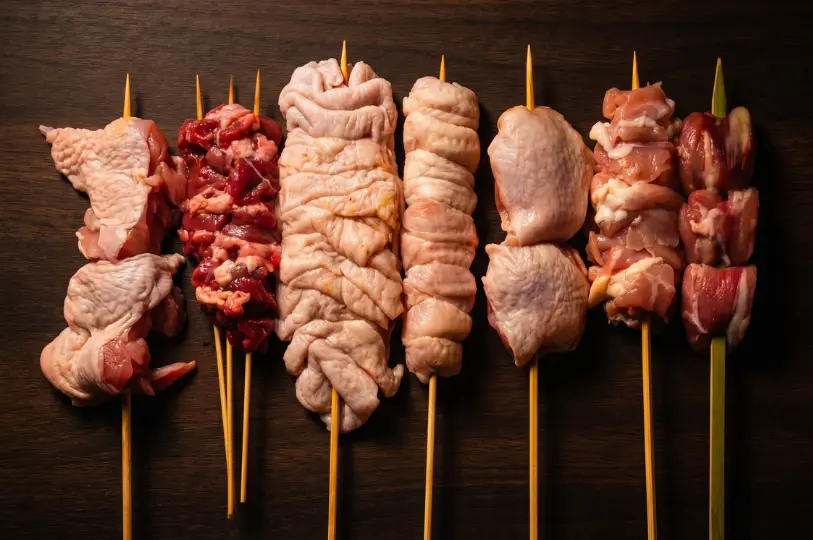 A close-up of several raw chicken and offal skewers meticulously prepared on bamboo sticks, resting on a dark wooden surface before grilling.