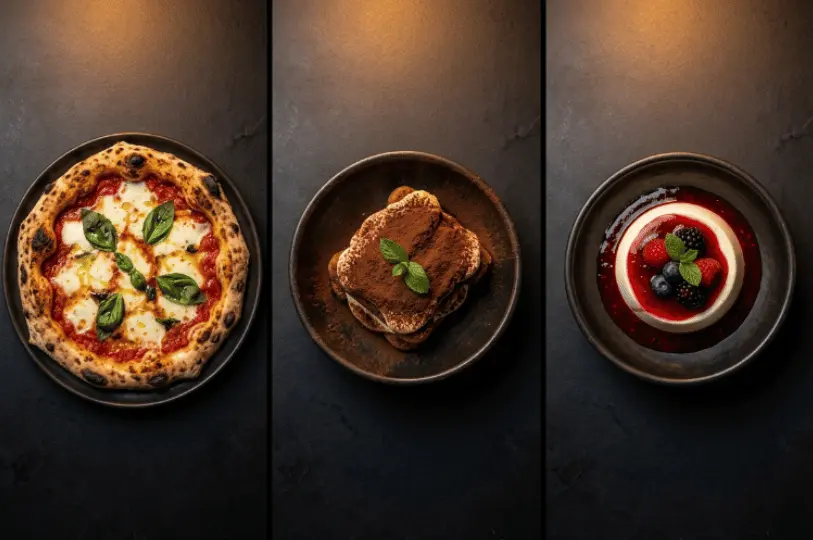 A top-down view of classic Italian favorites at Saizeriya, including a fresh Margherita pizza, a square of dusted tiramisu, and a berry-topped panna cotta.