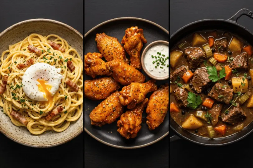 A trio of popular Saizeriya dishes featuring creamy carbonara pasta topped with an egg, a plate of glazed chicken wings with dip, and a hearty beef and potato stew.