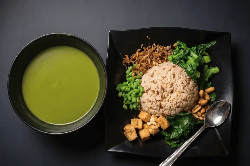 A top-down view of a vegetarian meal combo featuring a large black bowl of vivid green soup next to a square plate of rice accompanied by chopped green beans, peanuts, fried tofu, leafy greens, and crispy toppings.