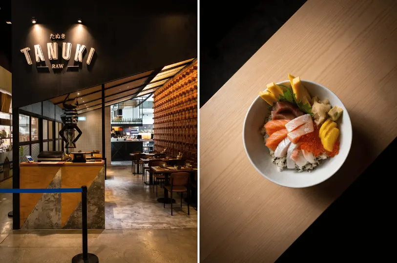 A split image displaying the modern storefront of Tanuki Raw with exposed brick accents on the left, and a top-down shot of a fresh chirashi bowl with thick-cut sashimi and tamago on a light wood surface on the right.