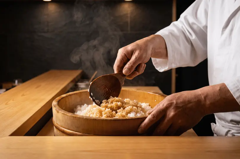 A close-up of a sushi chef's hands using a wooden paddle to gently mix steaming hot rice inside a traditional wooden hangiri tub.