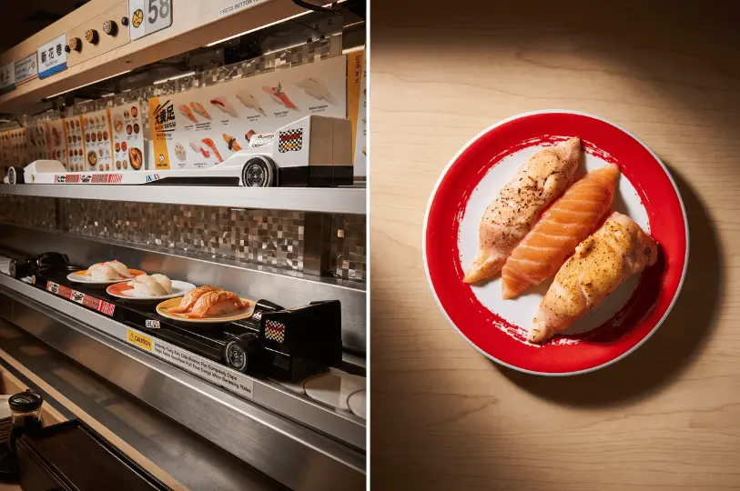 A split image featuring a racecar-themed automated express sushi delivery track on the left, alongside a top-down view of a trio of raw and aburi salmon nigiri on a red-rimmed plate on the right.