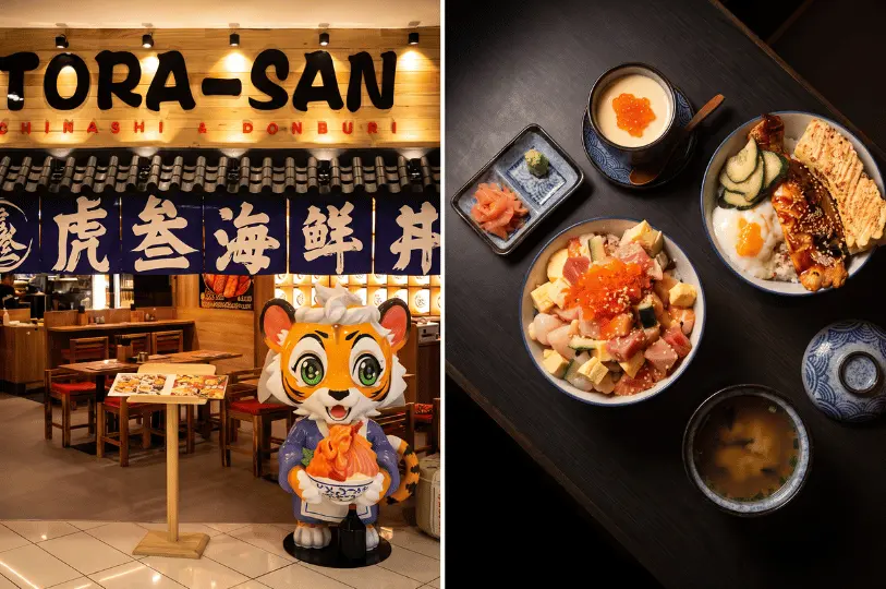 A split image showing the storefront of Tora-San Chirashi & Donburi with a cartoon tiger mascot on the left, and an overhead view of a Bara chirashi bowl, chawanmushi, unagi don, and miso soup on the right.