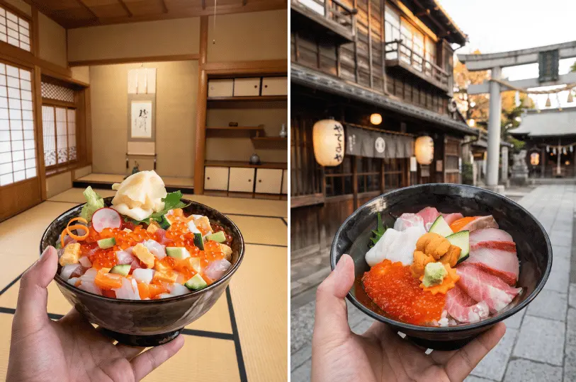 A side-by-side composite image. The left side shows a hand holding a bowl of diced chirashi don in a traditional Japanese tatami room. The right side shows a hand holding a premium kaisen don with sea urchin and salmon roe in front of a traditional Japanese street and shrine.