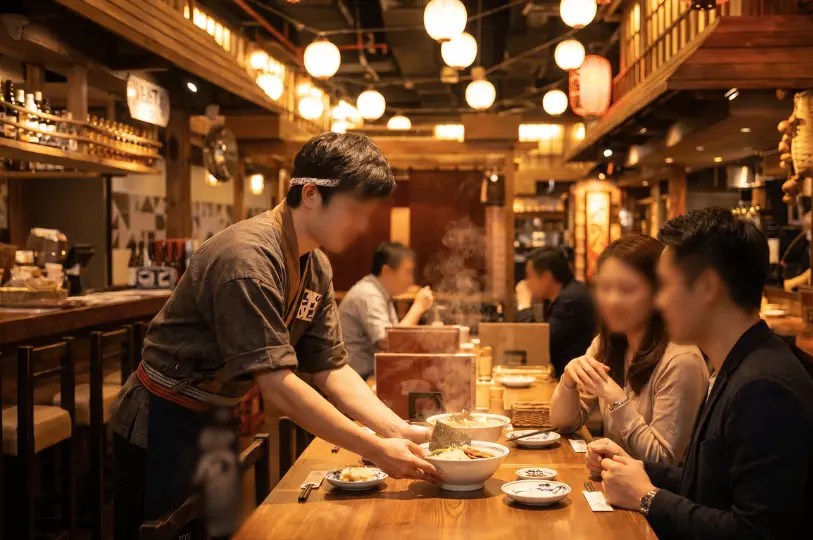 A server in traditional attire presenting a steaming bowl of ramen to diners in a warmly lit Japanese tavern setting.