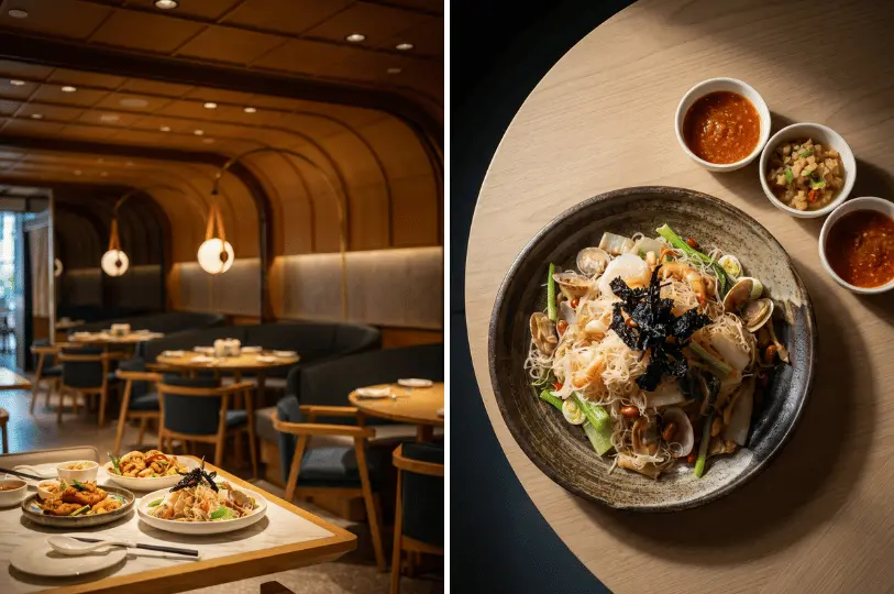 A side-by-side image showcasing a sophisticated restaurant interior with curved wooden archways, blue seating, and laid tables on the left, paired with an overhead view of a plated seafood noodle dish and three small condiment bowls on the right.