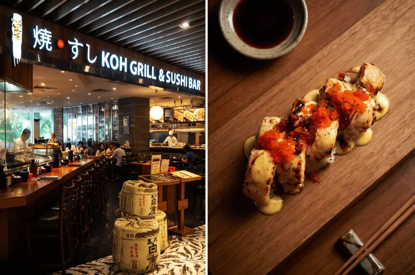 A split image displaying the entrance of Koh Grill & Sushi Bar with decorative sake barrels on the left, paired with a close-up of flame-seared aburi sushi rolls smothered in rich sauce and tobiko on the right.
