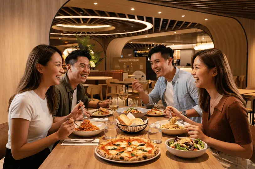 A group of four happy friends laughing and sharing a diverse meal of pizza, pasta, and salad inside a warmly lit, modern mall dining space.